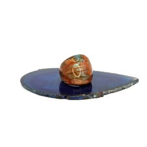 1970's Handblown Light Blue and Orange Swirl on Gold Glitter Glass Ring